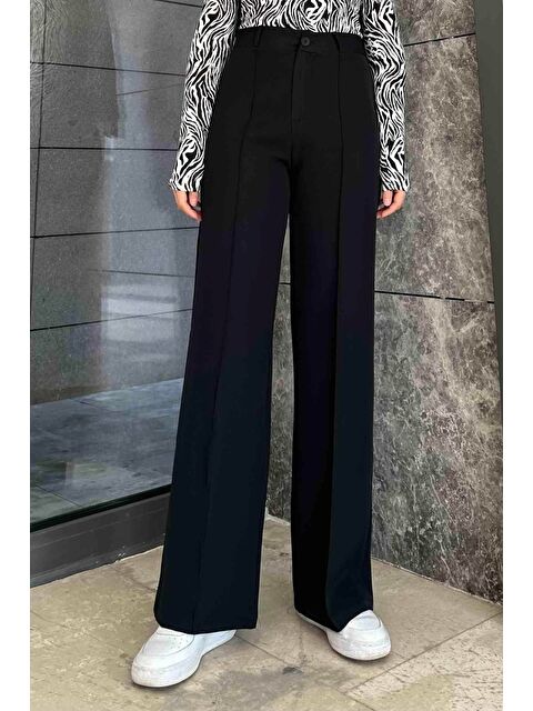 Lamelif Çımalı Bol Paça Pantolon Siyah