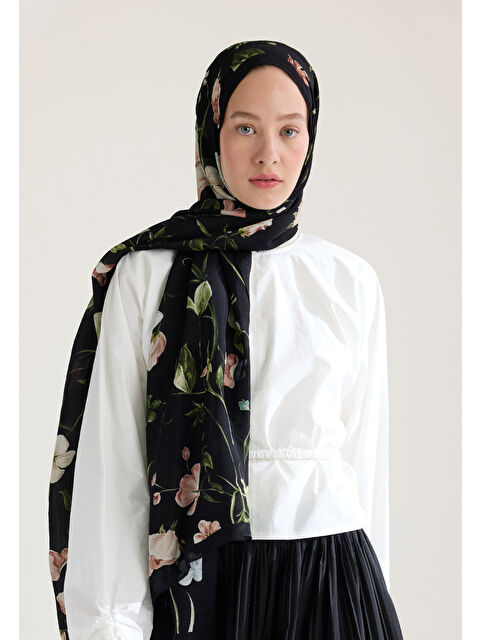 Fresh Scarfs Love Garden Floş Viskon Şal Siyah - S000426902-19351