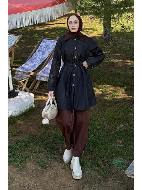 Lamelif Yaka Detaylı Kısa Trençkot Siyah - S000518054-19351