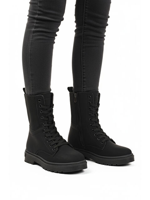 Ayakmod Siyah Nubuk İçi Polarlı Fermuarlı Uzun Kaymaz Taban Kadın Bot 23002 Z - S000445418-6381