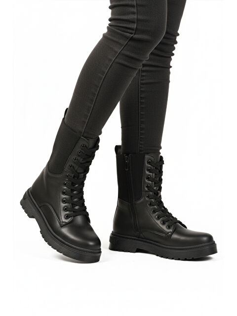 Ayakmod Siyah İçi Polarlı Fermuarlı Uzun Kaymaz Taban Kadın Bot 23002 Z - S000445418-19351