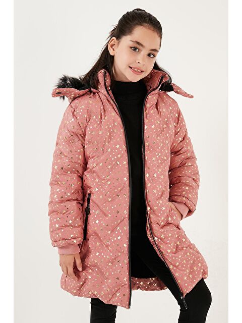 Lela Yakası Suni Kürklü Yıldız Desenli Çıkarılabilir Kapüşonlu Peluş Astarlı Kışlık Mont 5760050 - S000000681-20028
