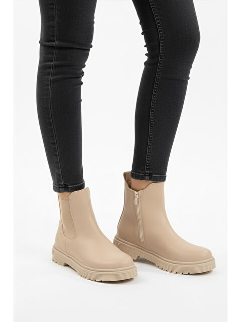 Ayakmod Bej İçi Polarlı Fermuarlı Kaymaz Kadın Bot 24071 Z - S000445420-19928