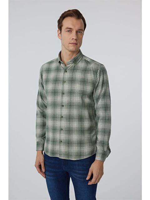 Süvari Koyu Yeşil Slim Düz Düğmeli Yaka Gömlek - S000460566-19416