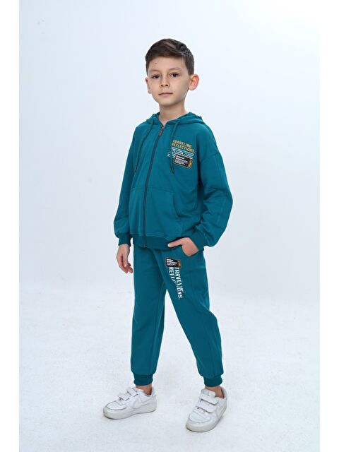 Toontoykids Erkek Çocuk 2'li Takım Baskılı Kapüşonlu Fermuarlı Sweatshirt & Beli Paçası Lastikli Cepli Jogger Eş