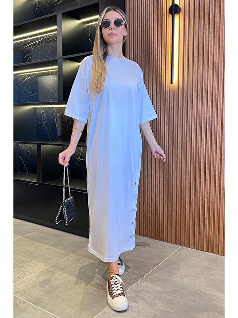 Gülseli Bisiklet Yaka Çıtçıt Detaylı Kadın Salaş Elbise - S000299142-20063