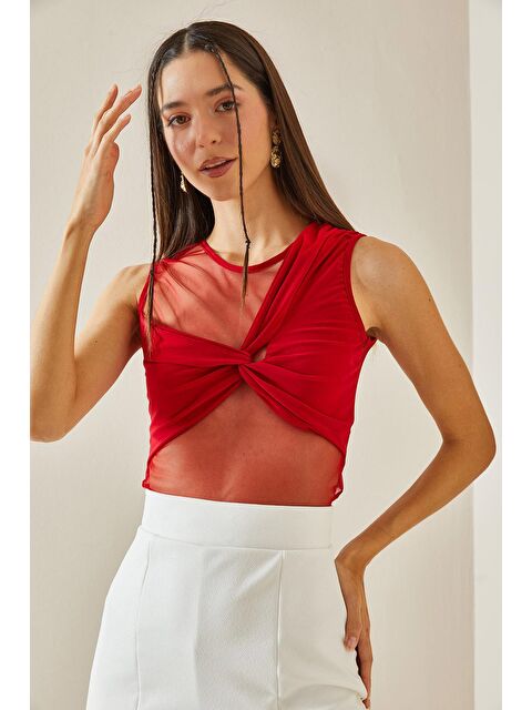 Xhan Kırmızı Transparan Detaylı Crop Bluz 5YXK2-48609-04 - S000208180-20045