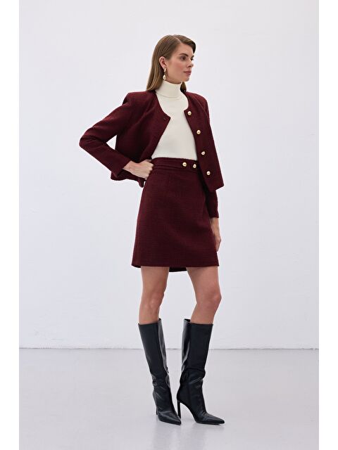 SATEEN Düğme Detaylı Mini Tüvit Etek - Bordo