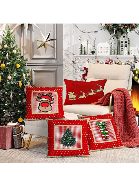 Evmila 4 lü Yılbaşı Temalı Kadife Kırlent Kılıfı 43x43 cm - S000285245-23173