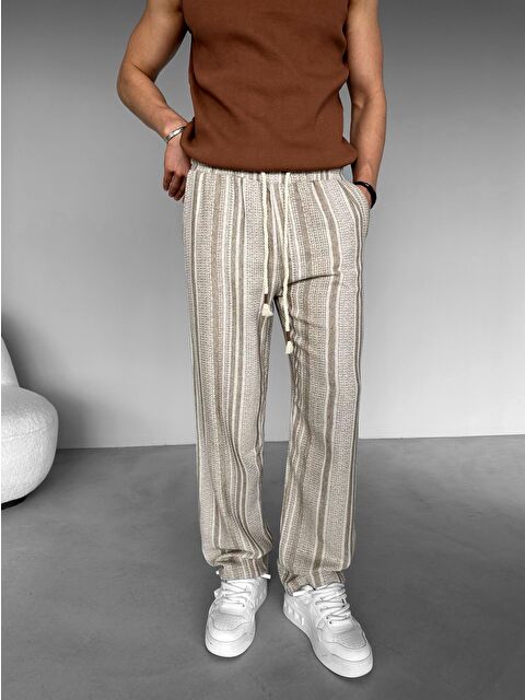 Abluka Online Baggy Fit Çizgili Örme Erkek %100 Pamuk Pantolon Açık Kahve - S000161050-29705