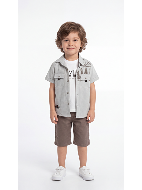 Mışıl Kids Cep Detaylı Etiketli Erkek Çocuk Gömlek-Şort-Tişört Takımı
