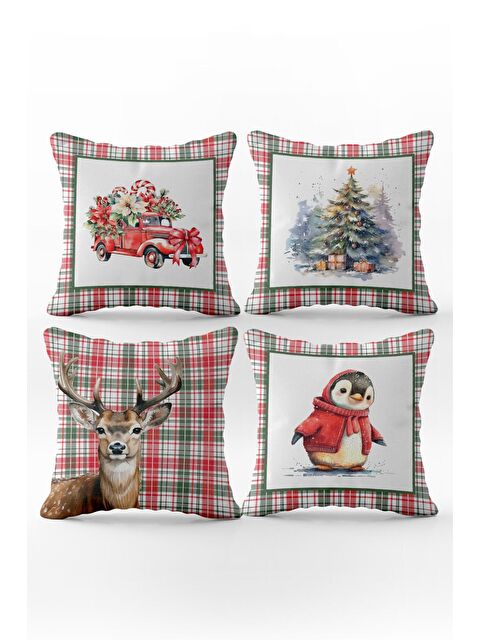 Evmila Çift Taraf Baskılı Kadife Doku Yılbaşı Desenli 4'lü Kırlent Kılıfı Seti - S000111066-23173