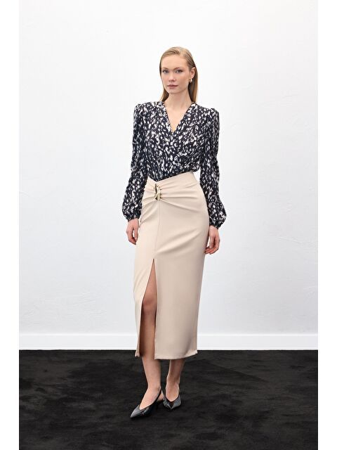 SATEEN Gold Yan Aksesuarlı Etek - Bej - S000499957-19928