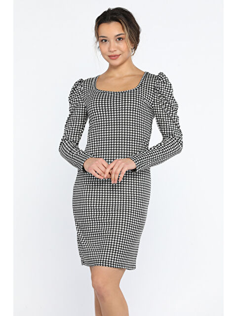 Gülseli Kazayağı Desenli Kare Yaka Süet Elbise - S000299392-37424