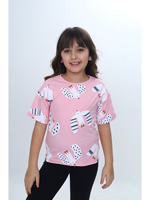 Toontoykids Kız Çocuk Baskılı Bisiklet Yaka Kısa Kollu Tişört 24981