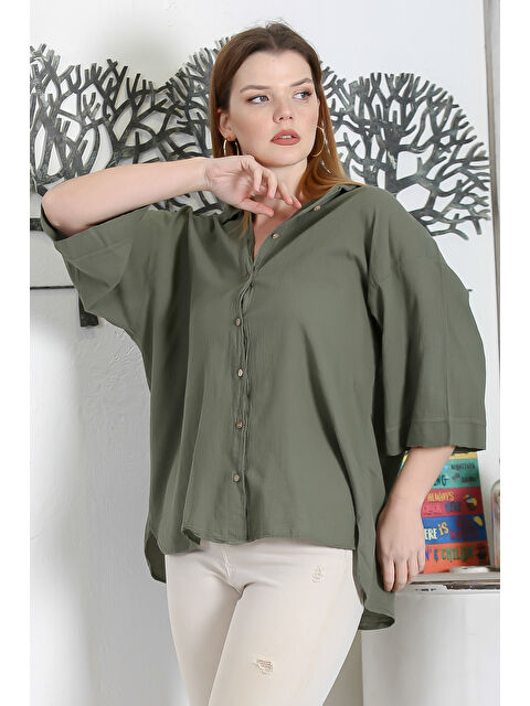 Chiccy Haki Yeşil 3/4 Kol Sedef Düğmeli Yırtmaçlı Casual Pamuk Dokuma Gömlek - S000358958-18547