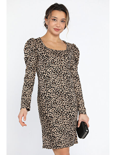 Gülseli Leopar Desenli Kare Yaka Süet Elbise - S000299394-37216