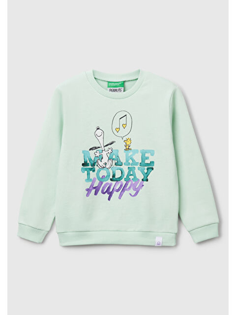 United Colors Of Benetton Kız Çocuk Su Yeşili Peanuts Baskılı Logo Etiketli Bisiklet Yaka Sweatshirt - S000358355-20054