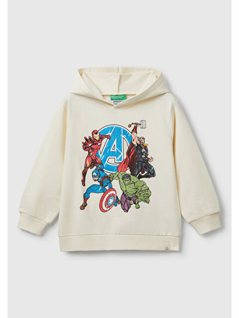 United Colors Of Benetton Erkek Çocuk Ekru Marvel Kahraman Baskılı Etiket Logolu Kapüşonlu Sweatshirt - S000358353-19965