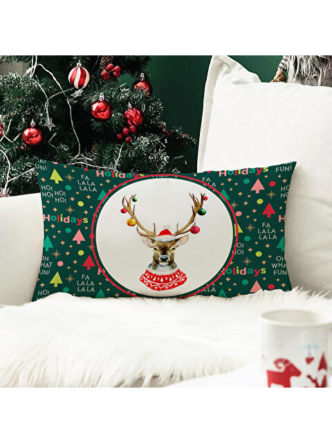 Evmila Yılbaşı Temalı Geyik Desenli Kadife Kırlent Kılıfı 35x55 cm - S000285246-23173