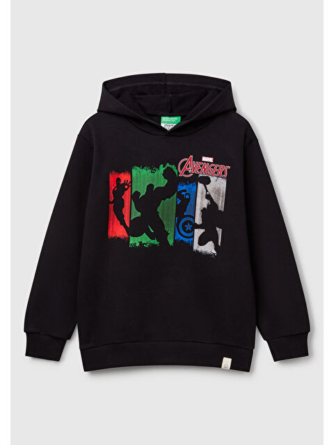 United Colors Of Benetton Erkek Çocuk Siyah Marvel Kahraman Baskılı Etiket Logolu Kapüşonlu Sweatshirt - S000356877-19351