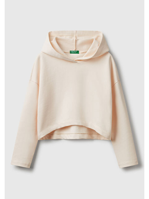 United Colors Of Benetton Kız Çocuk Ekru Arkası Logo Etiketli Kapüşonlu Relax Fit Sweatshirt - S000358453-19965