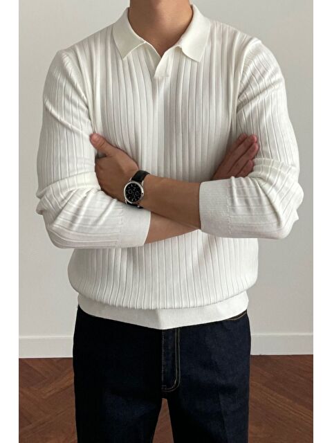 Tarz Cool Erkek Beyaz Polo Yaka Fitilli Triko Kazak - S000342092-21165