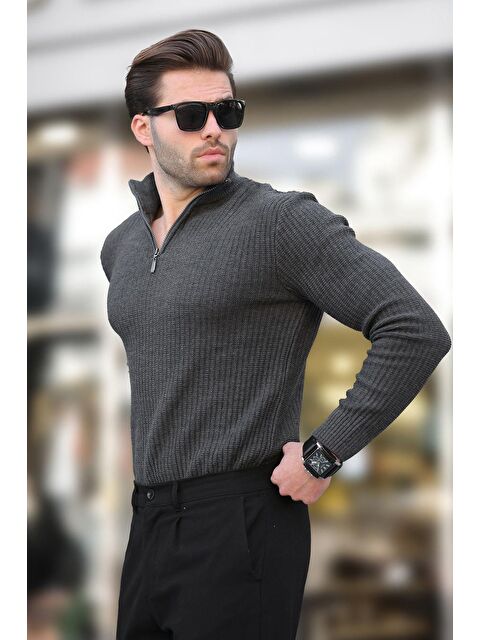 Madmext Antrasit Polo Yaka Fermuar Detaylı Uzun Kollu Erkek Kazak 7282 - S000298854-29666