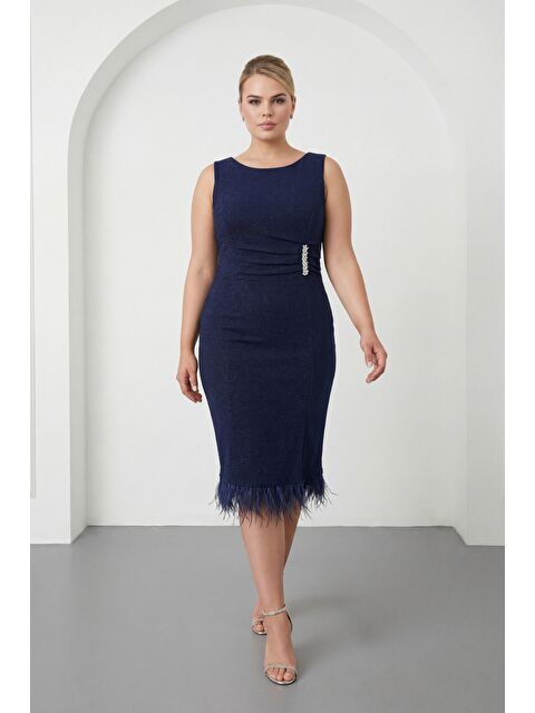 Lafaba Kadın Lacivert Bisiklet Yaka Taşlı Büyük Beden Abiye Elbise