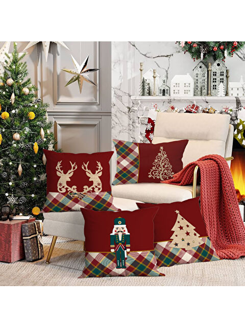 Evmila 4 lü Yılbaşı Temalı Kadife Kırlent Kılıfı 43x43 c - S000285247-23173