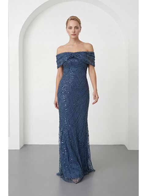 Lafaba Kadın İndigo Kayık Yaka Boncuklu Uzun Balık Abiye Elbise