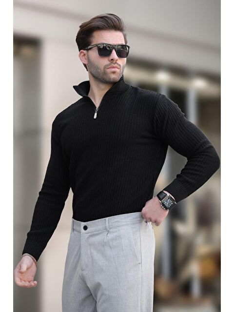 Madmext Siyah Polo Yaka Fermuar Detaylı Uzun Kollu Erkek Kazak 7282 - S000298854-19351