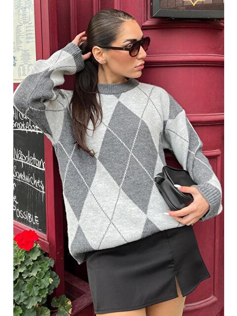 Madmext Antrasit Baklava Desen Kadın Triko Kazak Mg2190 - S000345301-29666