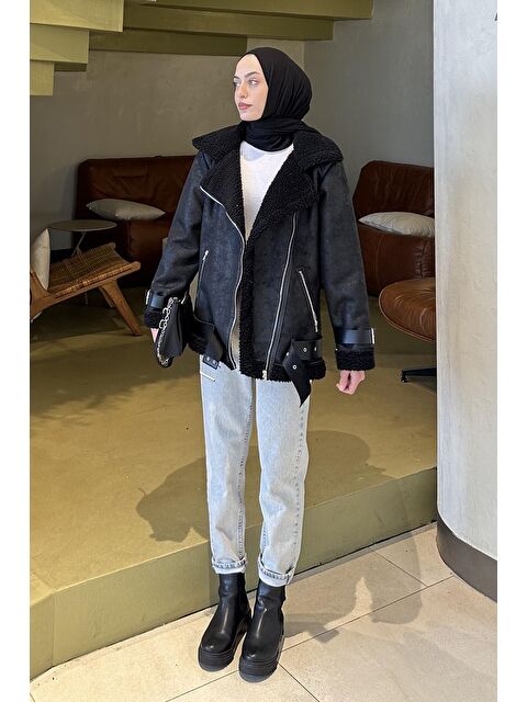 Lamelif İçi Kürklü Biker Süet Mont Siyah