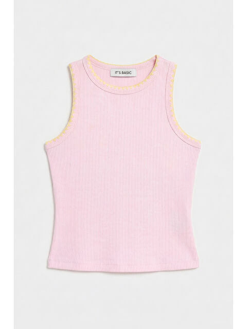 It's Basic Kadın Pembe s6-98 Crop Fit Süper Elastan Sarı İşlemeli Body