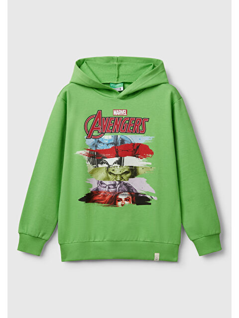 United Colors Of Benetton Erkek Çocuk Fıstık Yeşili Marvel Kahraman Baskılı Etiket Logolu Kapüşonlu Sweatshirt - S000356877-19972