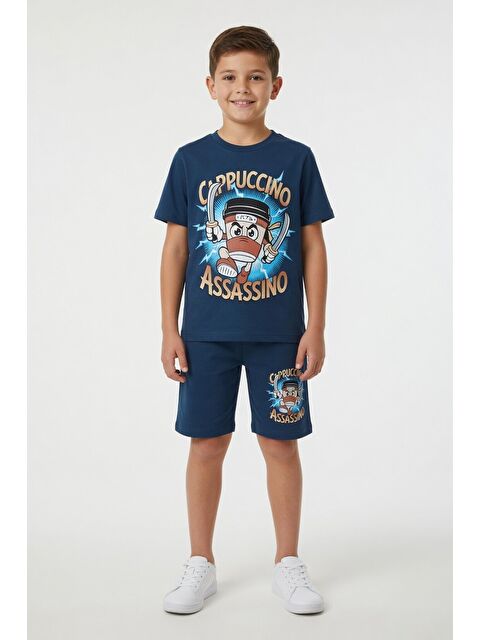 Cansın Mini Mavi Karakter Baskılı Bisiklet Yaka Tişörtlü Erkek Çocuk Şortlu Takım 23842