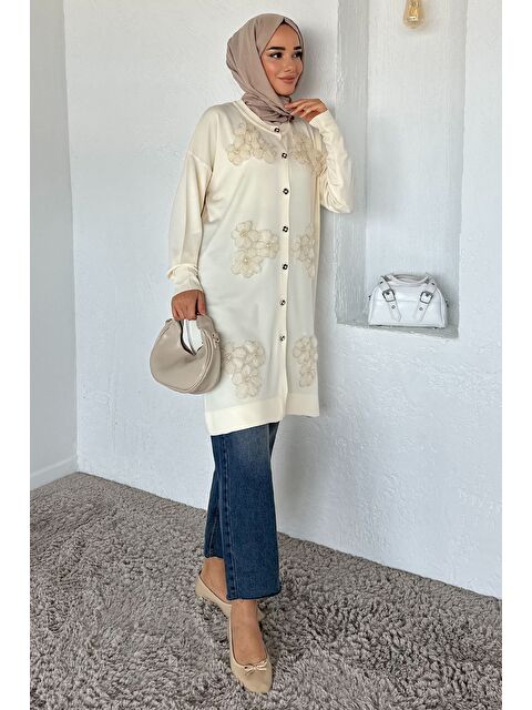 Julude Gülseli Çiçek Fistolu Ön Düğmeli Tesettür Triko Hırka - S000470384-19966