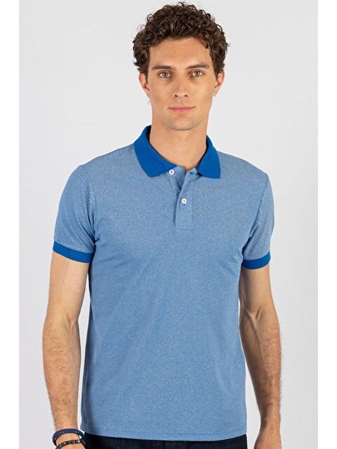 TUDORS Erkek Slim Fit Dar Kesim Düz Pike Mavi Polo Yaka Tişört
