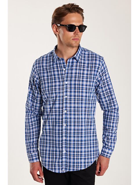 TUDORS Erkek Slim Fit Dar Kesim %100 Pamuk Keten Doku Kareli Gömlek - S000519147-23173