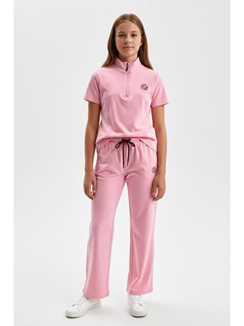 Toontoykids Kız Çocuk 2'li Takım Dik Yaka Yarım Fermuar Kısa Kollu Nakışlı Tişört & Beli Lastikli Bol Paça Bağl