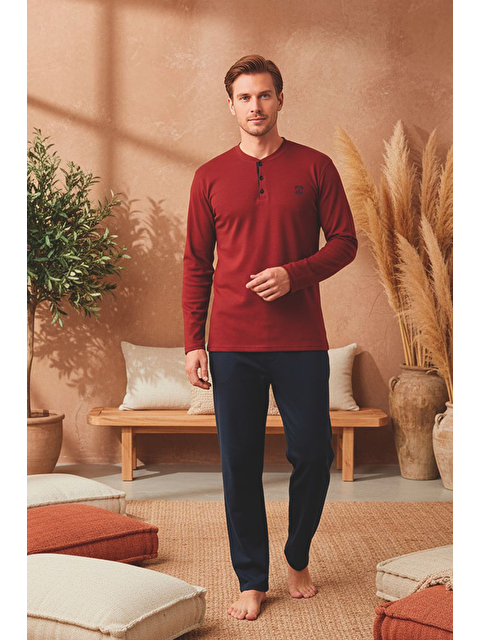 Kompedan Erkek Patlı Yaka Kareli Pamuklu Pijama Takımı | Bordo - S000504716-19951