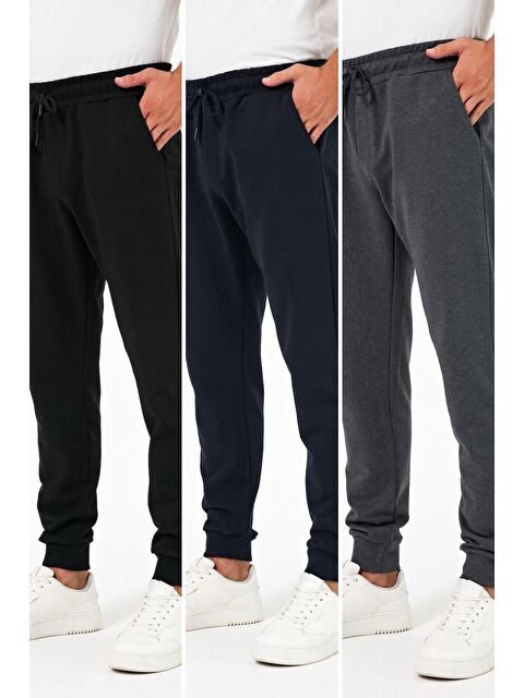 Mmetalic Kalın Siyah-Lacivert-Antrasit Erkek 3'lü Eşofman Altı Jogger Arka Cepli Paça Lastikli Regular Fit Şa - S000268667-3455