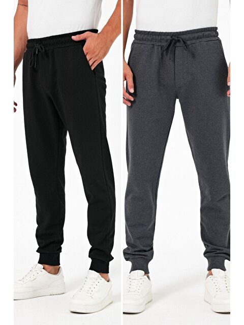 Mmetalic Kalın Siyah-Antrasit Erkek 2'li Eşofman Altı Jogger Arka Cepli Paça Lastikli Regular Fit Şardonsuz - S000268667-37421