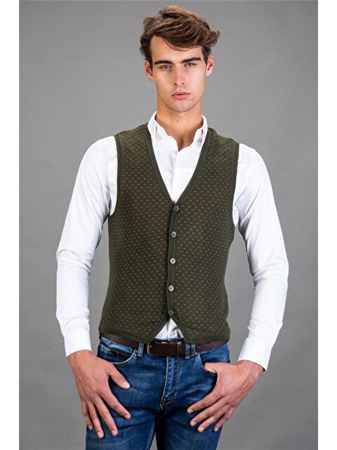 TUDORS Erkek Desenli Haki Yeşil Yelek