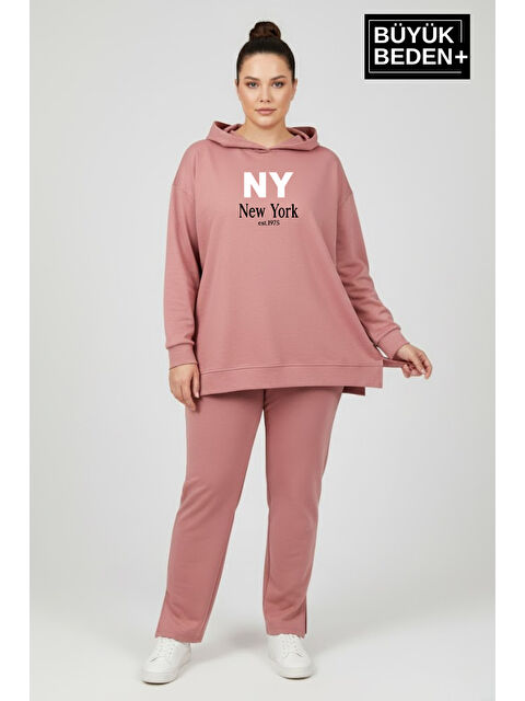 Süperlife Büyük Beden Kapüşonlu NY Newyork Baskılı Tunik ince Sweatshırt SPR26BTK991-1