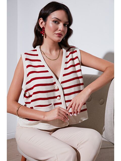 Lela Çizgili Oversize Fit V Yaka Düğmeli Kadın Yelek 4616175 - S000290947-5403