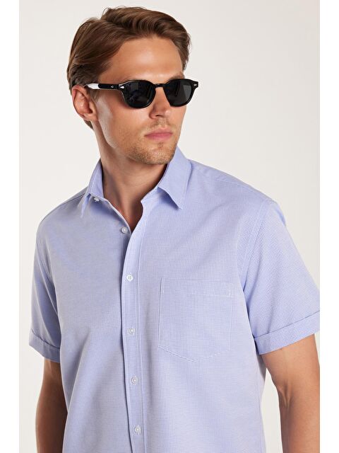 TUDORS Erkek Regular Fit Klasik Kesim Kısa Kollu Pamuklu Tek Cepli Armürlü Saks Mavi Gömlek - S000519150-23710