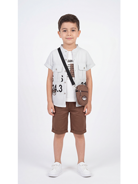 Mışıl Kids Baskılı Çantalı Erkek Çocuk Gömlek-Şort-Tişört Takımı