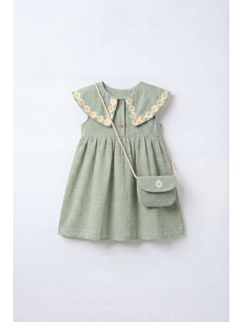 Magu Kız Çocuk Pamuklu Yeşil Papatya İşlemeli Elbise - Çantalı